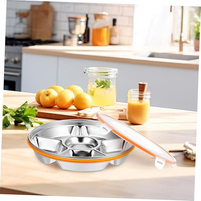 Divided Stainless Steel Serving Tray with Lid Six Compartment Fruit and Veggie Platter Easy Clean Snack Organizer for Family Meals Picnics and Office Lunches
