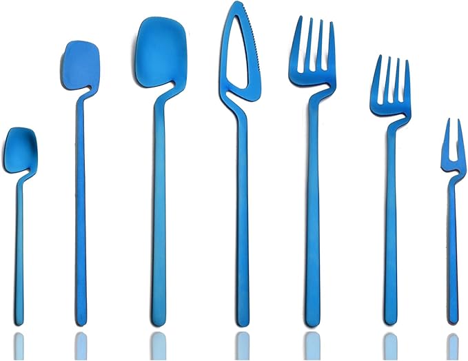 JASHII Hanging Cup Silverware Set, Satin Finish 28-Piece 304 Stainless Steel Flatware set, Tableware Cutlery Set Service for 4, Utensils for Kitchens, Dishwasher Safe - Matte Blue