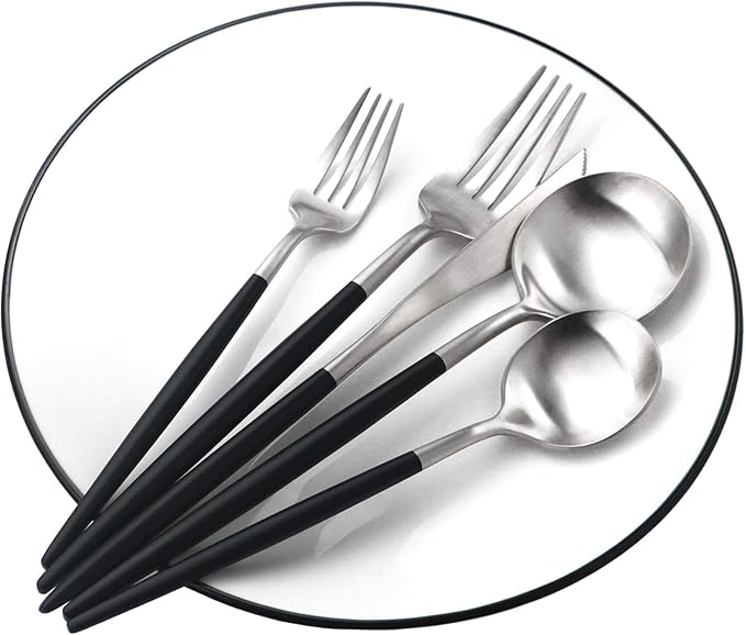 Gugrida Black Silver Flatware, Royal 5 Piece Matte Black Handle 18/10 Stainless Steel Tableware Sets for 1 Including Forks Spoons Knives, Camping Silverware Travel Utensils Set Cutlery Black/Silver