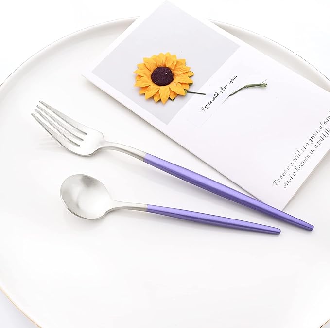 24-piece Snplowum Silver Satin Finished Serving Set, 18/10 Stainless Steel Flatware With Purple Round Hanle For Daily Use Salad Coffee Include Knife/Fork/Spoon, Service For 4 (Purple Silver)