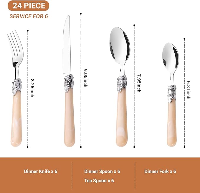 Serving Sets, 24-Piece Flatware Cutlery Set, Durable Stainless Steel Serving Utensils Set Including Dinner Forks, Knives, Spoons With Retro Handle For Steak, Salad, Soup, Tea (Set of 4)