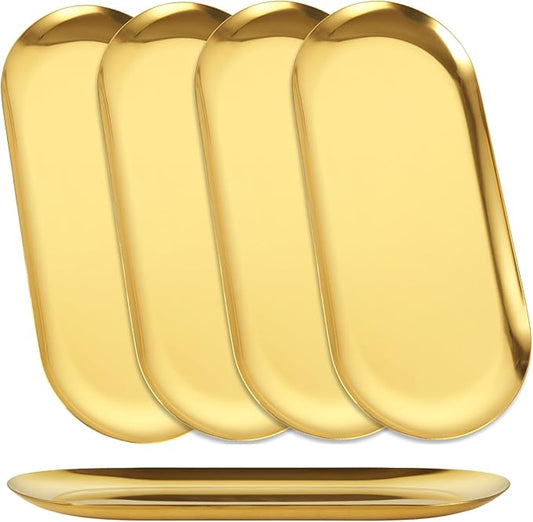 5PCS Stainless Steel Serving Tray Set Gold Platters for Serving Food Party Medium Metal Trays Decorative 10" Long Plate Oval Storage Trays Thickened Serving Dishes for Entertaining Sushi Snack
