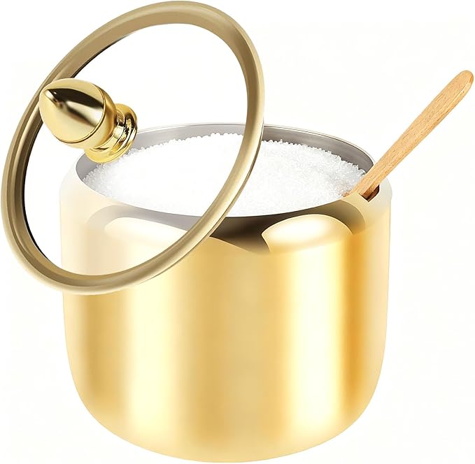 Sugar Bowl with Lid and Spoon - 10oz Gold Stainless Steel Sugar Container, Coffee Bar Accessory for Kitchen & Home, Stores Salt & Candy