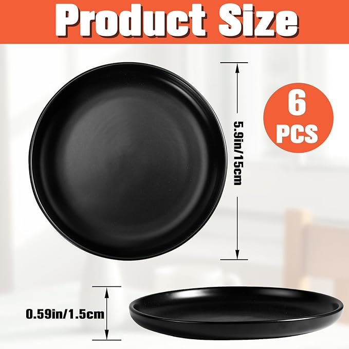 Jeffbaubl 6PCS Ceramic Plates,5.9 Inches Black Matte Porcelain Appetizer Plates,Elegant Small Round Serving Plate,Dessert Plate Dishes Set for Salad Snacks Cake,Microwave Dishwasher Safe (Black-6 PCS)