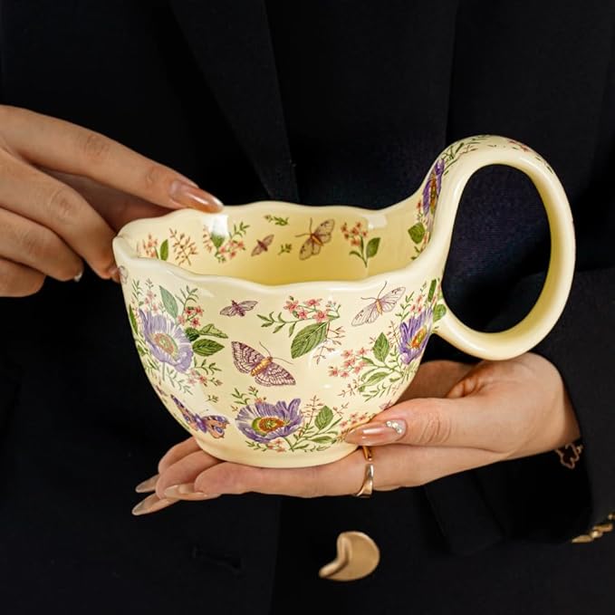 16.91oz/500ml Handpainted Soup Bowl with Handle,Ceramic Cereal Bowl Microwave & Dishwasher Safe,Loop Handle Bowl Great for Soup,Yogurt,Snack,Chip,Stew,Ice Cream,Coffee (Aster)