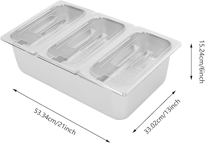 3 Pans Ice Food Serving Display Container, Stainless Steel Serving Tray Catering Supplies Buffet Display Condiment Dispenser Plate Case with Acrylic Replaceable Lids for Restaurant Hotel Kitchen