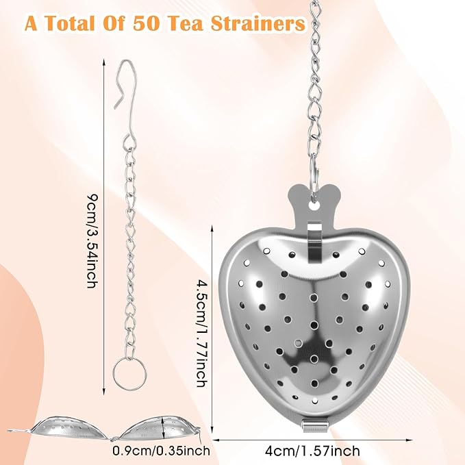 50pcs Heart Shaped Tea Strainers for Loose Tea Filter, Stainless Steel Tea Strainer Ball Infuser Tea Steeper Mesh Filters with Extended Chain Chain Hook for tea party Seasonings Cup Bottle(Silver)