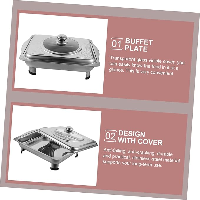 BESTOYARD Stainless Steel Dinner Plate Cookie Tray with Lid Dish Food Heating Trays Buffet Outdoor Serving Tray with Lid Cold Fancy Reusable Strainless Platter with Lid Rectangular Silver