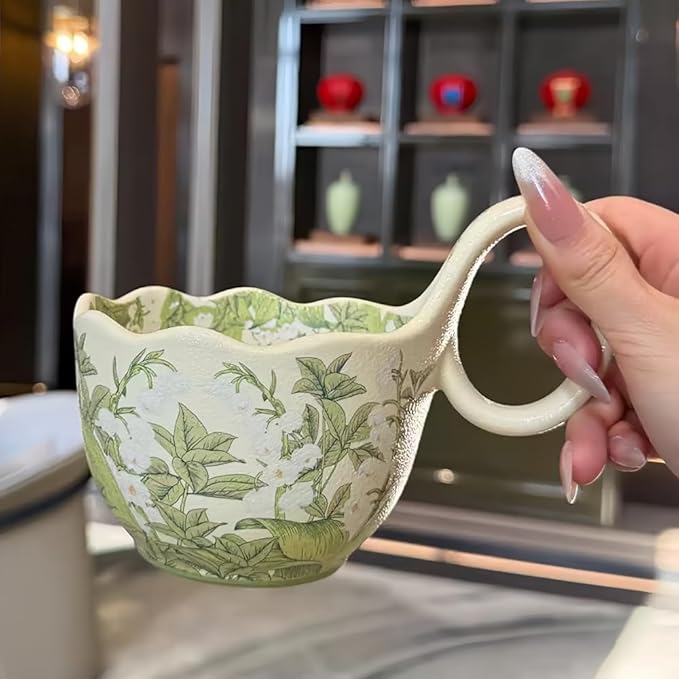 16.91oz/500ml Handpainted Soup Bowl with Handle,Ceramic Cereal Bowl Microwave & Dishwasher Safe,Loop Handle Bowl Great for Soup,Yogurt,Snack,Chip,Stew,Ice Cream,Coffee (Lily of the Valley)