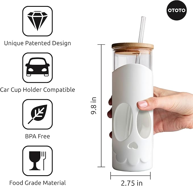 OTOTO NEW Bonesy Glass Tumbler with Straw and Lid - 17oz Cute Water Bottle Tumblers, Goth Accessories, Spooky Gifts, Halloween, Skull Glass Cup with Lid and Straw, Goth Gifts (White)