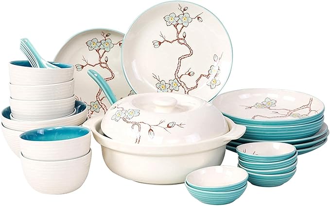 Ceramic 28-Piece kitchenware Set Household Ceramic Dinner Plate Sets Creative Plum Pattern Tableware Dinnerware Sets, Service for 6 Ceramic Dinner Pla