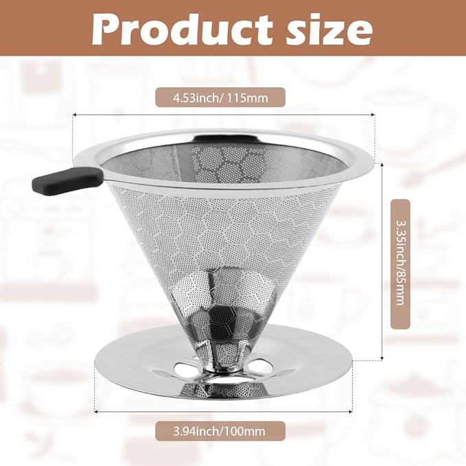 Pour Over Coffee Dripper, Paperless Coffee Filter, Pour Over Drip Coffee Filter, Stainless Steel Reusable Filter Easy Clean Maker Pour Over Coffee Dripper Double Mesh With Brush