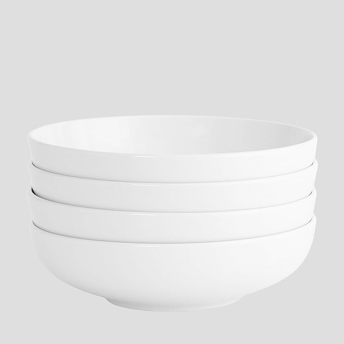 Euro Ceramica Essentials Large Bistro Bowls Set of 4 Dinnerware and Serveware for Serving Pasta Fruits Salads, Solid Semi-Matte White