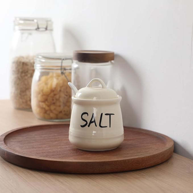 HAOTOP Salt Bowls with Lid and Spoon -12 oz Ceramic Salt Cellar, Salt Containers, Spice Box for Counter, Farmhouse Kitchen Decor, Beige