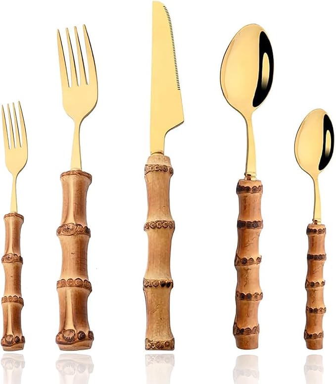 40-piece bamboo flatware cutlery set for 8, gold bamboo handle silverware set, 18/8 stainless steel cutlery set reusable with forks and spoons, dishwasher safe