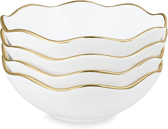 Fanquare 16oz Vintage White Pasta Bowls Set of 4, Porcelain Salad Bowl, 7" Kitchen Serving Bowl With Gold Trim for Cereal