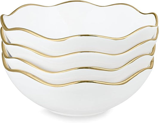 Fanquare 16oz Vintage White Pasta Bowls Set of 4, Porcelain Salad Bowl, 7" Kitchen Serving Bowl With Gold Trim for Cereal