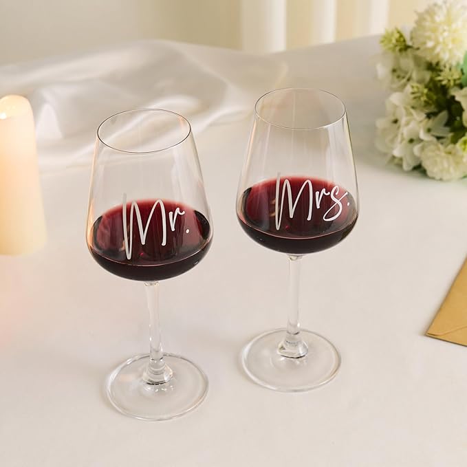 AW BRIDAL Mr and Mrs Wine Glasses Wedding Gifts for Couples 2025, Engagement Gift for Newlyweds, Bridal Shower and Bachelorette Gifts for Bride, Wine Opener Stopper and Engraved Wooden Keepsake Box