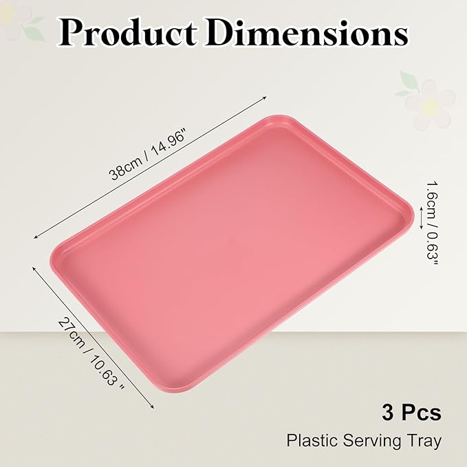 uxcell 3Pcs Plastic Serving Trays, 15 x 10.6 Inch Rectangle Food Trays Serving Cafeteria for Kitchen Restaurant Coffee Fruit Burger Lunch Dessert, Red