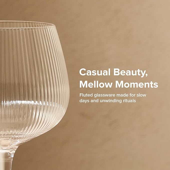mopio Mellow Fluted Wine Glasses Set of 4, 14 oz, Dishwasher Safe, Elegant Barware for Wedding, Party and Brunch, Classic & Everyday Drinkware in Eco-Friendly Packaging, Soda-Lime Glass (Clear)