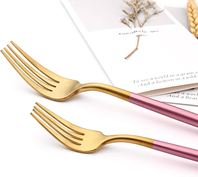 24-piece Snplowum Matte Gold Tableware, 18/10 Stainless Steel Utensils Heavy Serving Set With Pink Handle For Dinner & Dessert Home Restaurant Flatware Set, Service For 4 (Pink Gold)