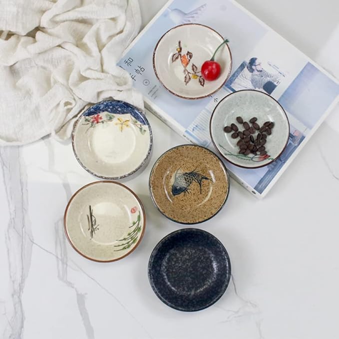 Japanese Retro Ceramic Side Dishes Set of 6, Ceramic Dip Bowls Appetizer Plates, 3.8 Inch Seasoning Dish for Ketchup, Sushi, Snack, Sauce, Dessert