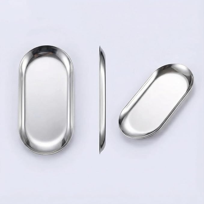 IMEEA 2-Pack Small Oval Tray, 7 x 3.3 Inch Stainless Steel Compact Vanity & Bathroom Counter Organizer for Jewelry, Perfume, Keys