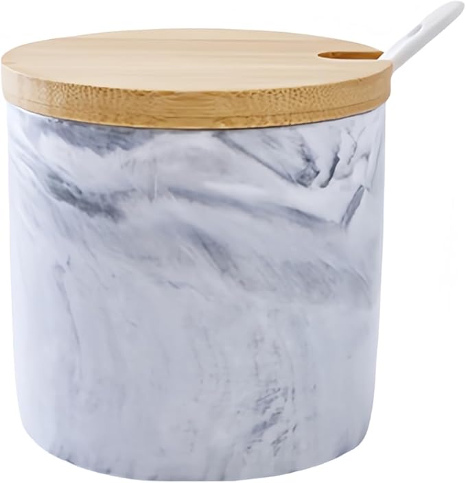 Marble Ceramic Sugar Bowl,300ml Porcelain Salt Bowl Condiment Jar Spice Container with Baboo Lids Spoon,Spice Jar Seasoning Condiment Pot Honey Jar for Home Kitchen (Grey)