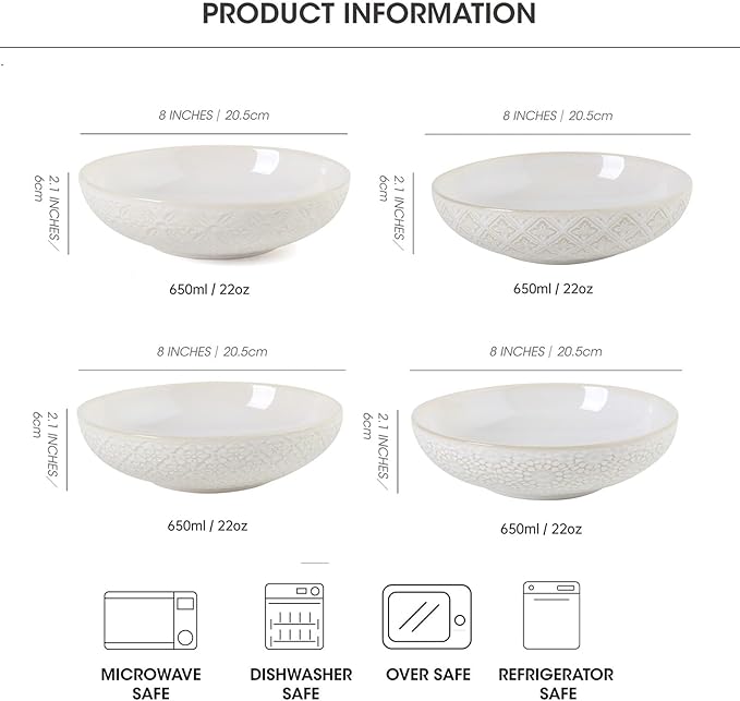 8 inch Pasta Bowls Set of 4, 22 Oz Ceramic Serving Bowls, Large Porcelain Embossed Soup Bowl, Serving Dishes for Pasta, Salad, Fruit, Oven & Dishwasher Safe, Housewarming Wedding Present