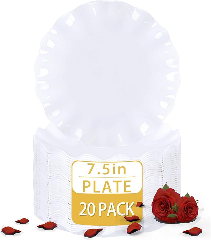 LIYH 20 Pcs 7.5 Inch White Dessert Scalloped Plastic Plates Reusable - Unbreakable Plastic Cake Plates for Weddings Party Outdoor Picnics Dishwasher Safe BPA Free Valentine's & Mother's Day