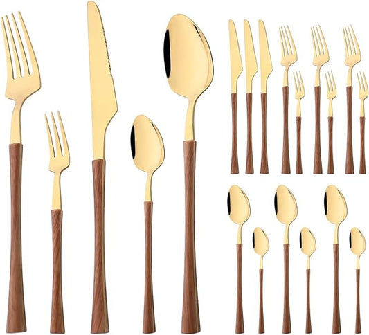 20-piece Stainless Steel Flatware Set with Wooden Handle, Wood Silverware Set for 4, Mirror, Dishwasher Safe, for Home Kitchen Travel - Small Waist Handle Gold
