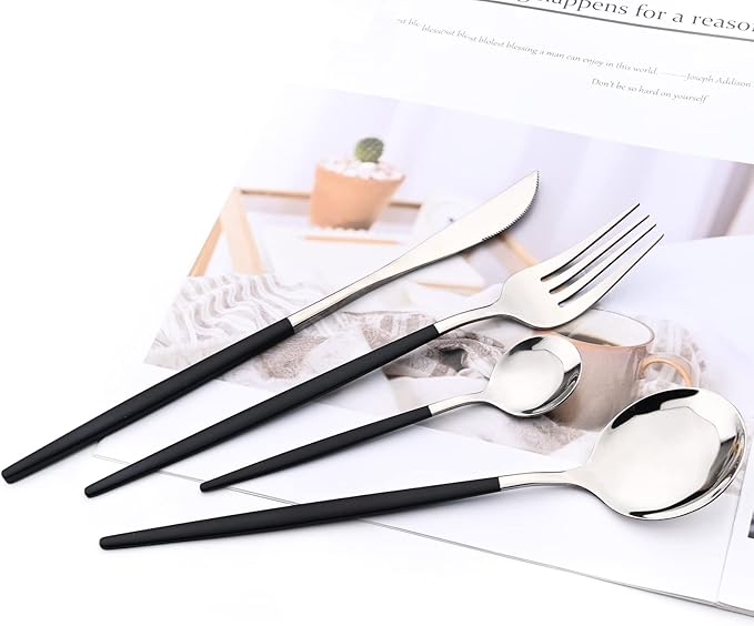 32 pcs Splicing Color handle Cutlery Set, Mirror Silver 18/0 Stainless Steel Flatware Set For 8, Metal Tableware Kitchen Utensils Include Dinner Knife/Fork/Spoon/Teaspoon, Black Silver