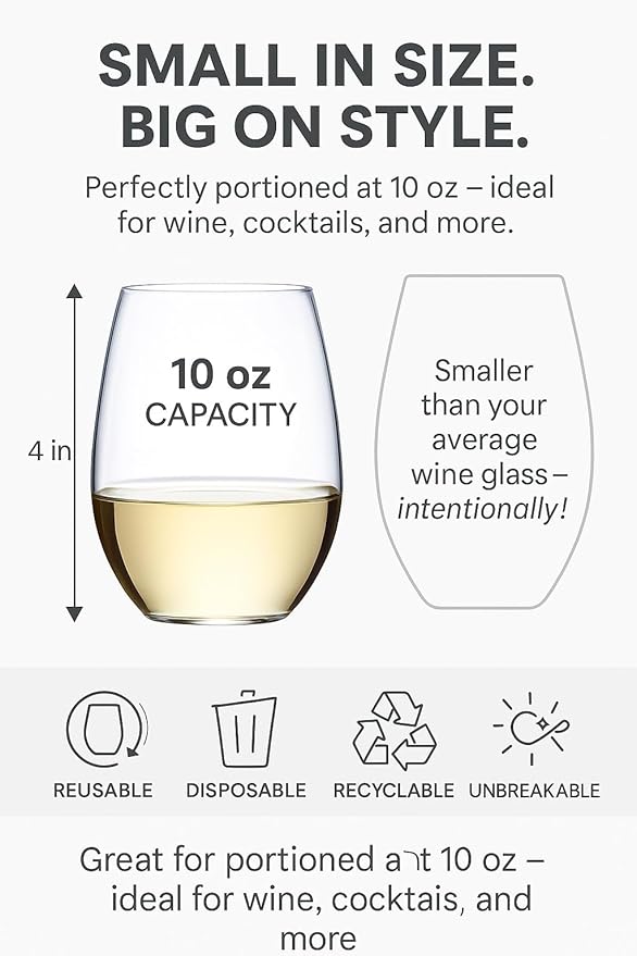 Oojami 36 Count Stemless Unbreakable Crystal Clear Disposable Plastic Wine Glasses - Small Size 10 ounces