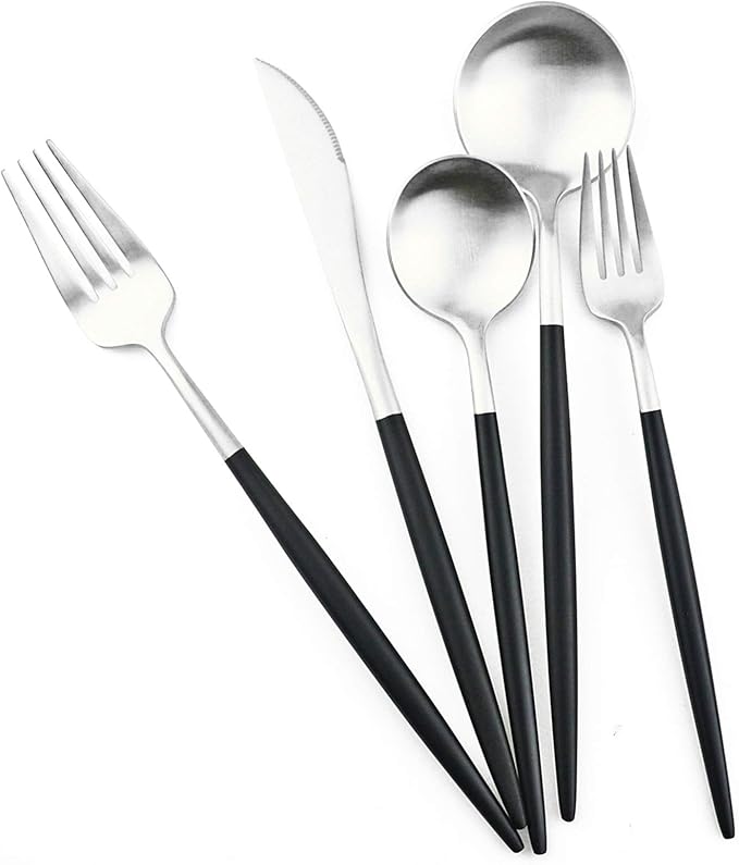 Gugrida Luxury Flatware, Royal 5 Piece Matte Black Handle 18/10 Stainless Steel Tableware Sets for 1 Including Forks Spoons Knives, Camping Silverware Travel Utensils Set Cutlery (Black Silver)