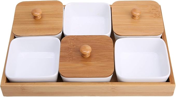 Ceramic Divided Serving Dishes, Serving Tray and Platter Ceramic Condiments Tray with Lids 2 Removable Appetizer Serving Bowls for Chips and Dip Condiment Fruit Veggies Nut Candy and Snacks