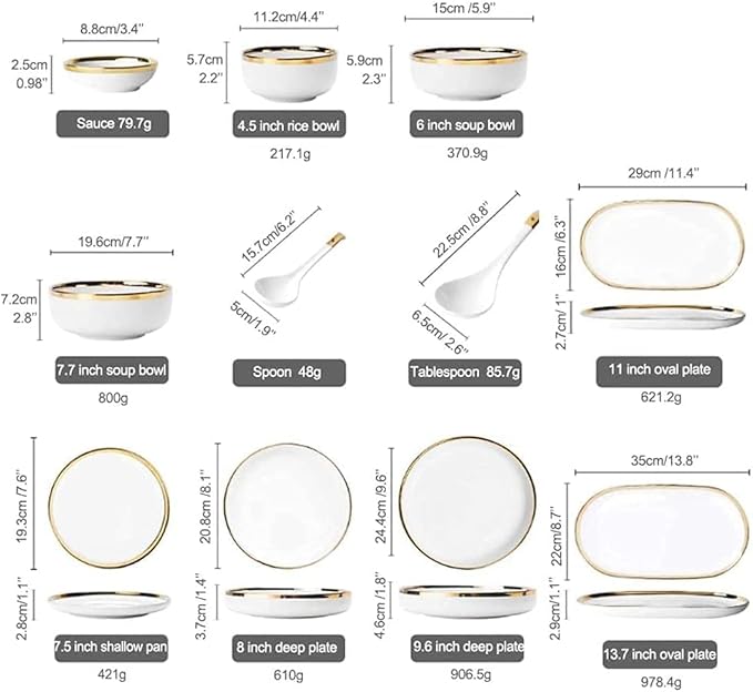 Dinnerware Set Luxury Family Dinner Service Set, Dinnerware Sets Service for 2/4/6, Kitchen Plates and Bowls Sets White, Luxury Bone China Tableware,9pcs