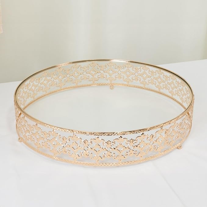 Efavormart Cake Stand in Gold Baroque Ornate with Glass Top, Round Dessert Display Tray - 18"