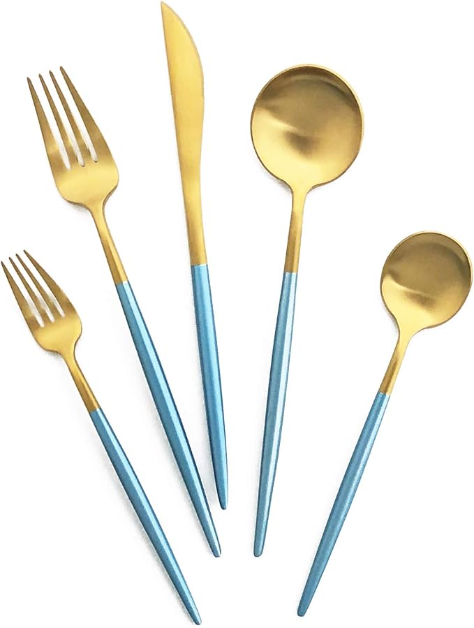 Silverware Set, Hand polished Matte Gold Blue Flatware Cutlery Set Service for 2, Satin Finish 10 Pieces 18/10 Stainless Steel Utensils Set for Home and Restaurant, Dishwasher Safe
