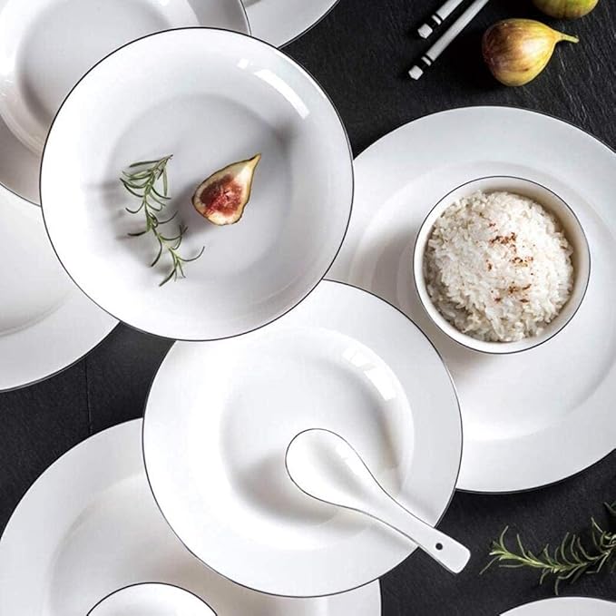 Tabletop Dinner SetsPottery Tableware,35 Piece Black Border Ceramics Dinnerware Set Plates Bowls Combination for Family Party and Kitchen Restaurant