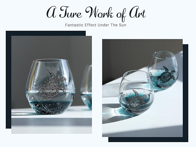 Sea Turtle Wine Glasses Set 4 - 13.3oz Crackle Teal Design, Hand blown Tortoise Wine Tumbler,Sea Turtle Gifts for Women, Birthday/Housewarming/Christmas Gifts for Seaturtle Lovers(4Count, Black)