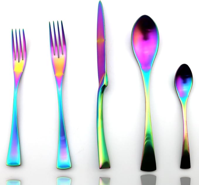 JASHII 20-Piece Iridescent Luxury Flatware Set Silverware | 18/10 Stainless Steel Dinnerware Set | Utensils Service For 4 | Matte Rainbow Tableware,Dinner Knife Fork Salad Fork w/DINNER COFFEE Spoon