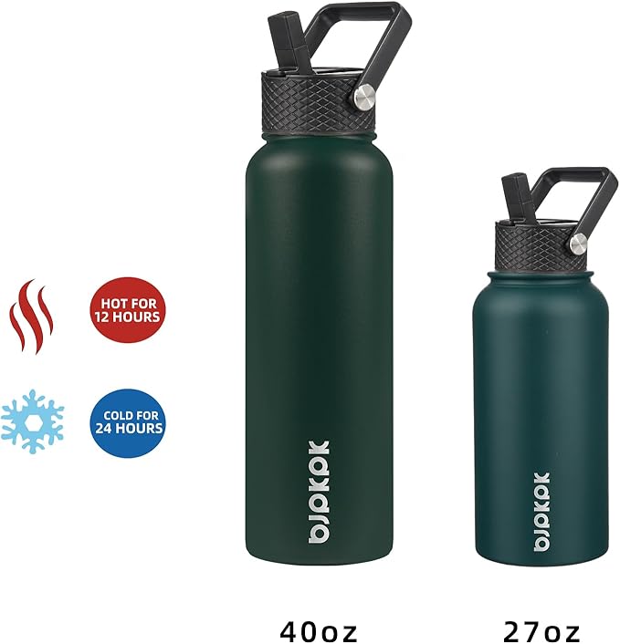 BJPKPK Insulated Water Bottles with Straw Lid, 27oz Stainless Steel Water Bottle with 3 Lids, Leak Proof BPA Free Metal Thermo, Mugs, Tumblers, Keep Cold Hot - Army Green