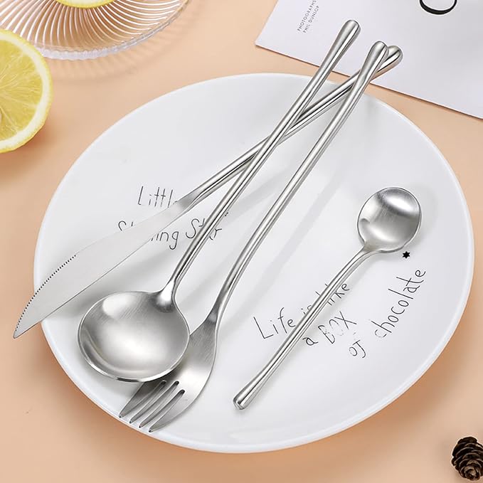 JASHII 304 Flatware Set Matte Silver Silverware Set Satin Finished 18/8 Stainless Steel Cutlery Set with Round Handle 24 Piece Wedding Housewarming Gift Service for 6