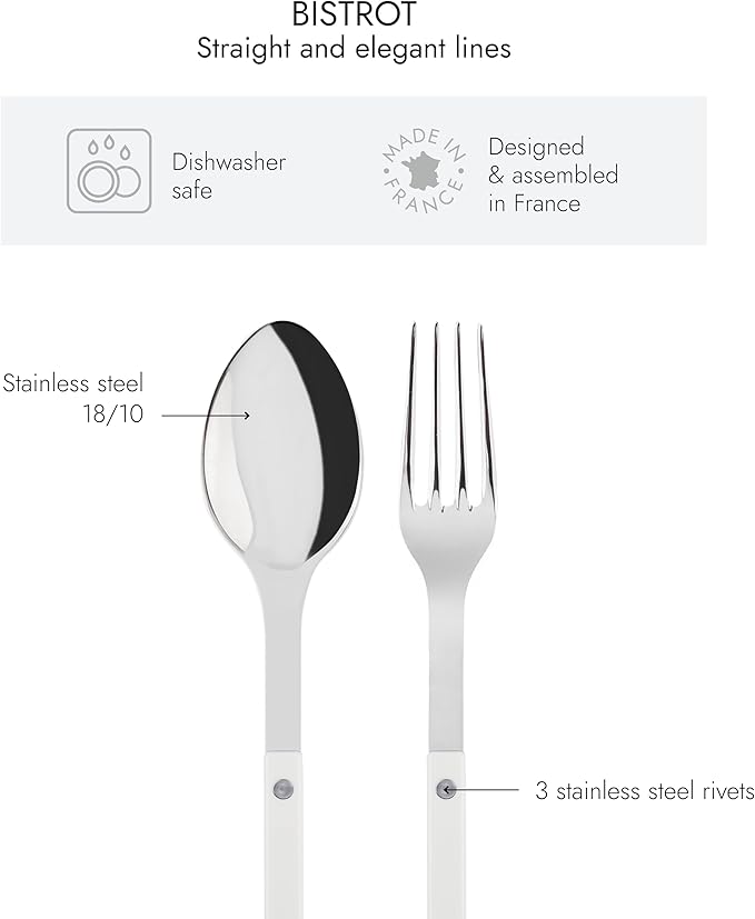 SABRE PARIS - 2-Piece Serving Set - Bistrot Collection - Large Fork & Large Spoon - Stainless Steel & Nylon - Dishwasher Safe - White - Brilliant Finish