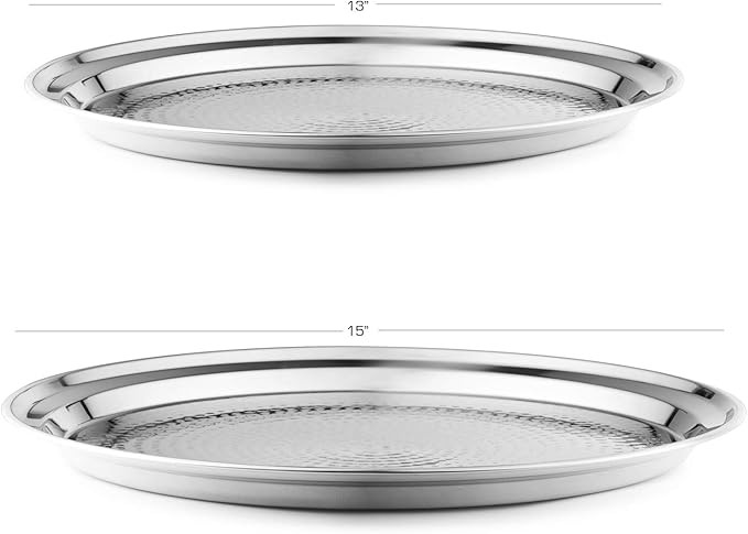 Hammered Stainless Steel Trays – Round Silver Serving Trays - Metal Serving Tray - 2 Pc - Large Tray 15” Medium Tray 13” - Decorative Platters – by Colleta Home