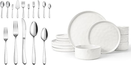 LIANYU 25-Piece Heavy Duty Silverware Set with Serving Utensils and 12 Piece Dinner Dish Set for 4, Stainless Steel Flatware Cutlery for 4 and Kitchen Plates and Bowls