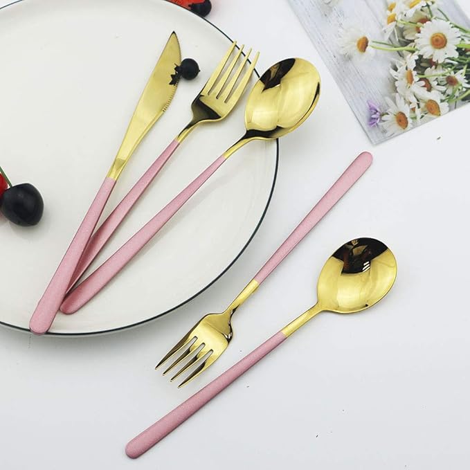 JASHII 20-Piece SUS304 Stainless Steel Flatware Set, Mirror Polishing Dinnerware Set Service for 4, Knife/Fork/Spoon/Dessert Spoon/Dessert Fork (Pink gold)