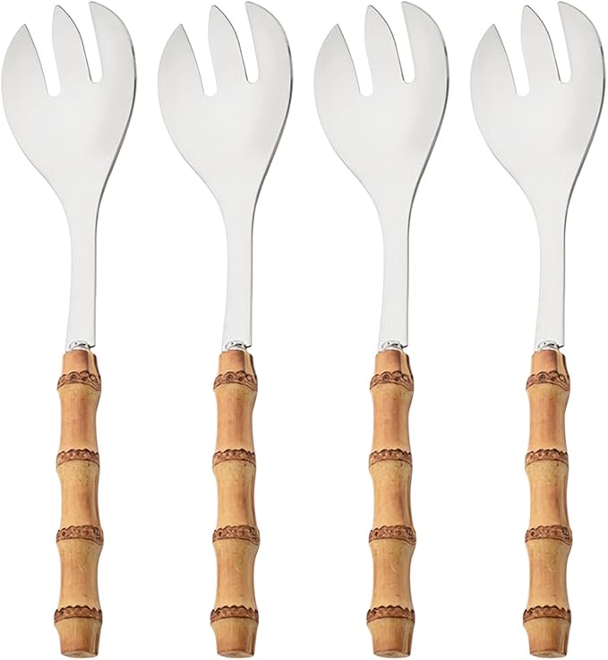 4PCS Serving Fork, 18/10 Stianless Steel Silver Resuable Serving Utensils With Bamboo Handle, Buffet Banquet Seafood Fork, 10-inch