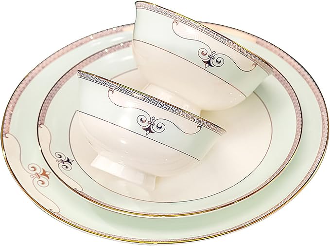 Bone China Tableware Set, 59-Piece Ceramic Tableware, Banquet Tableware for 8-10 People, Microwave-Safe Tableware, White Cyan Bone China