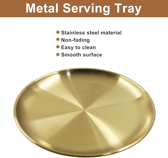 Piutouyar 2 Pcs 20 cm / 7.87 Inch Round Serving Tray, Stainless Steel Circular Metal Platter, Decorative Tray Gold Dinner Dishes for Kitchen, Bathroom, Home